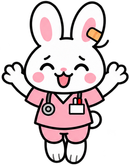 Nurse Rabbit mid-jump, arms wide, ears straight up