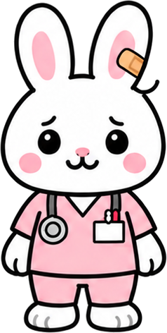 Nurse Rabbit, a white rabbit in pink scrubs with a stethoscope and a bandage on one ear